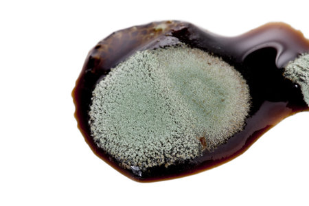 Close up image of melted brown sugar with green mold against white background