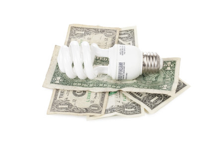 A concept of saving electrical energy with a light bulb and dollar billsの写真素材
