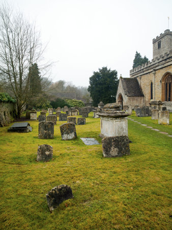 An old cemetery with scattered headstones in England