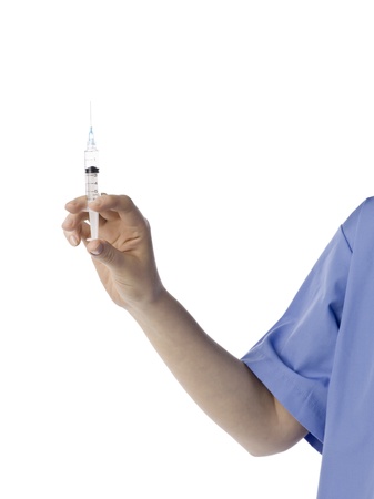 Image of human hand holding syringe against white backgroundの写真素材