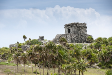 Image of Ancient Mayan ruins in Tulum Mexico under the clear skyの写真素材