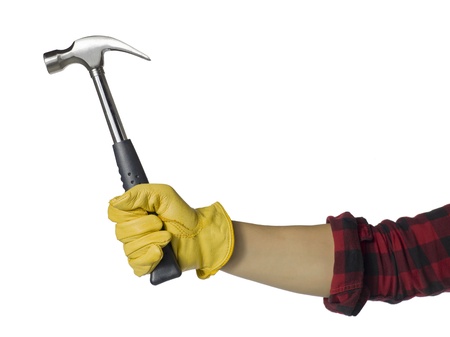 Close up image of carpenter holding hummer against white backgroundの写真素材