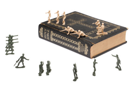 Troop of soldiers fighting for a bible