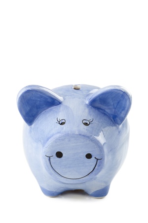 Close up image of blue piggy bank against white backgroundの写真素材