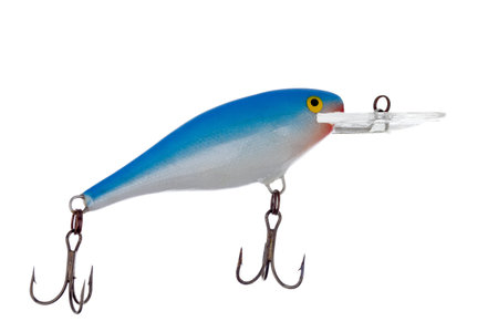 Blue fishing lure with two hooks isolated in a  white background