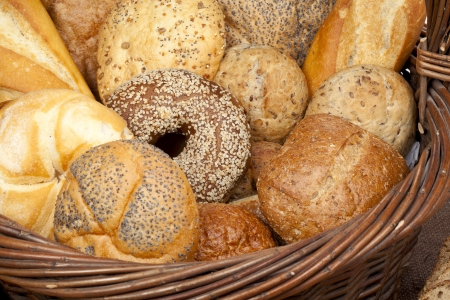 Close up image of variety of breads in basketの写真素材