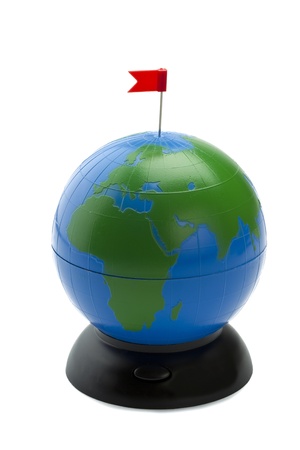 Ref flag pin at the top of globe on a white backgroundの写真素材