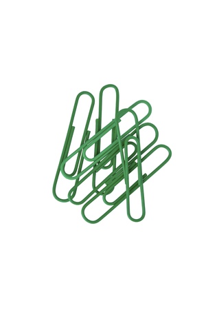 Bunch of green paper clips isolated on a white backgroundの写真素材
