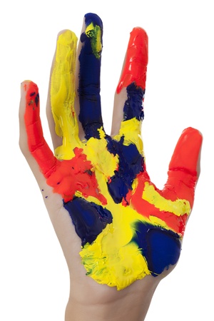 Close-up image of a elementary boy's painted hand isolated on white, Model: Jean Grey Sucgang, John Lhester Sucgangの写真素材