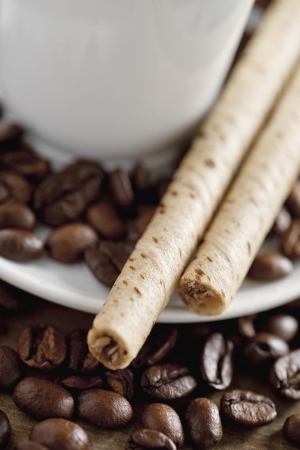 Coffee beans and cookie chips in macro image.の写真素材