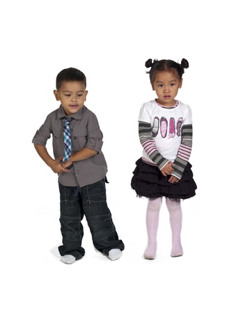 Portrait of happy kids on white background,  and Kai Wallの写真素材