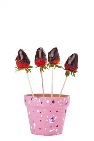 Portrait of a pink pot with four sticks of strawberry dip in chocolateの写真素材