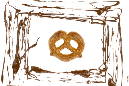 Close up image of bread with scattered melted chocolate against white backgroundの写真素材