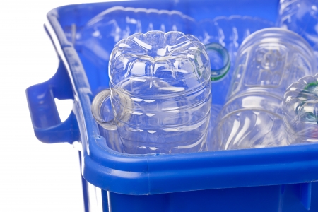 Close-up shot of a blue recycle bin with plastic bottles for recycling.の写真素材
