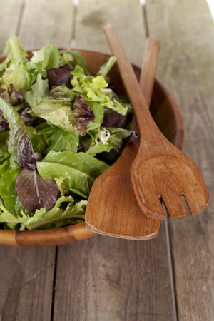 Close up image of vegetable salad in wooden bowlの写真素材