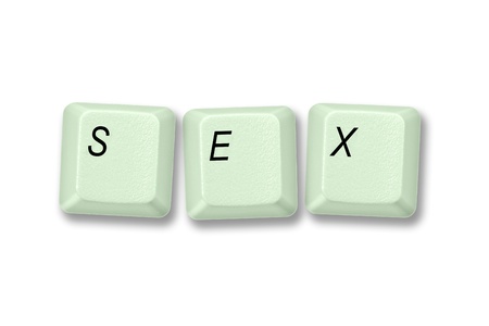Multiple keyboard keys isolated and arranged to spell the word SEX on a white background.の写真素材