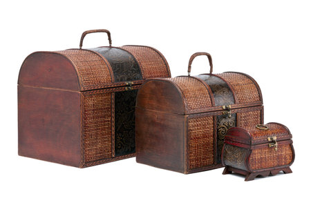 Close-up image of brown wooden chest over white background.の写真素材