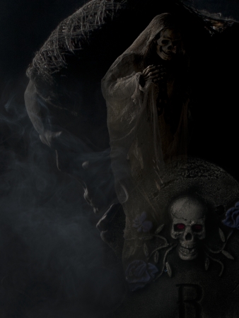 Digitally generated image of a skeleton over dark background.の写真素材