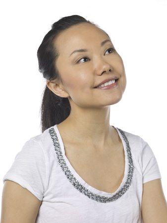 Portrait of a dreamy asian woman looking upの写真素材