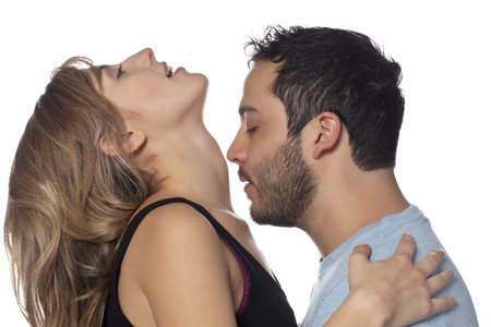 Portrait of handsome man with close eyes, trying to kiss woman's neck
