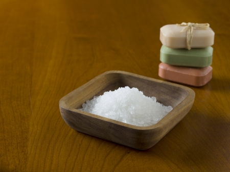 Herbal salt and pile of soap use in spaの写真素材