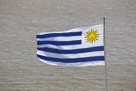 Flag of Uruguay waving in water surface backgroundの写真素材