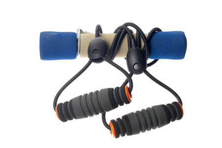Resistance band with hand weights in a horizontal image