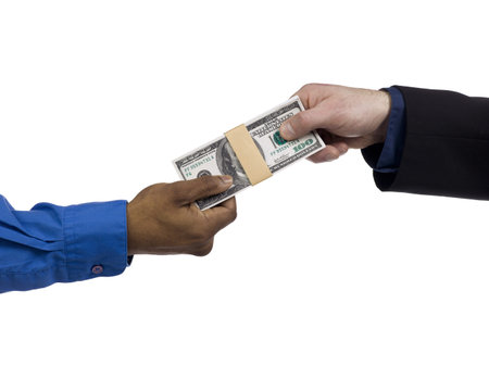 Image of two hands holding the bunch of US dollar isolated on a white background