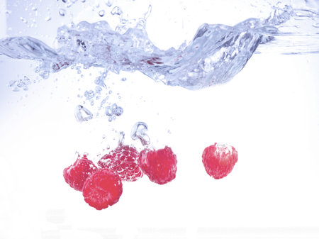 Bunch of raspberries dropped in to the waterの写真素材