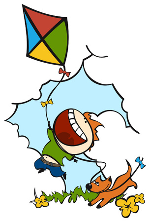 a boy and a dog playing with kiteのイラスト素材
