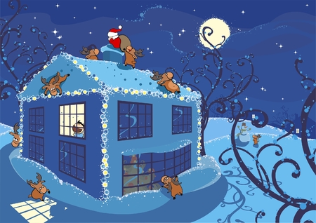 illustration of christmas eve, the boy has noticed santa-claus's deersのイラスト素材