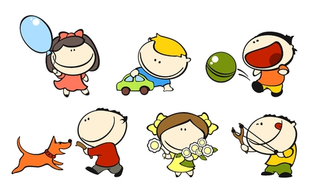 set of images of funny kids on a white background #1, playing themeのイラスト素材