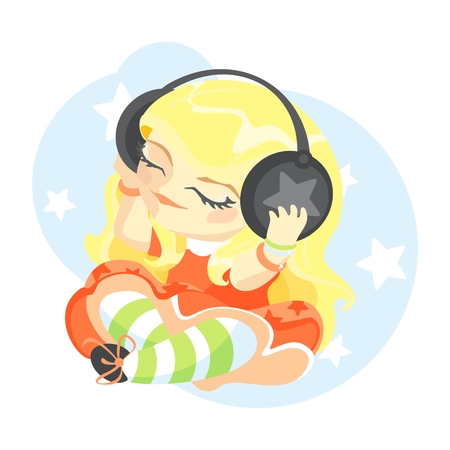 illustration of a cute girl listening to music in headphonesのイラスト素材
