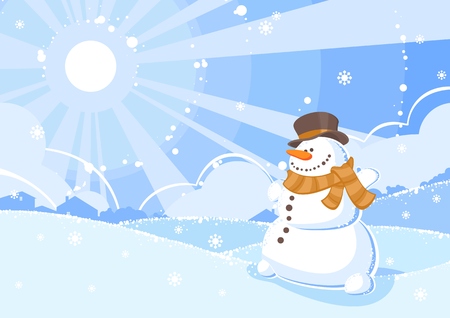 illustration of a snowman in a winter shiny dayのイラスト素材