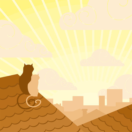 couple of cats on a roof looking at a sunriseのイラスト素材