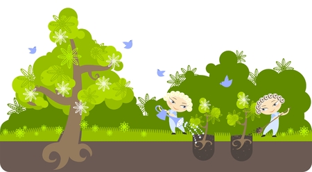 Illustration of two boys taking care of the planetのイラスト素材