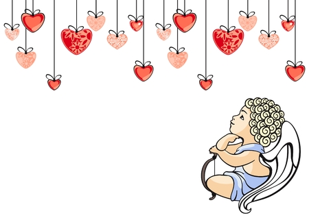 Little cupid, looking at his collection of hearts in loveのイラスト素材