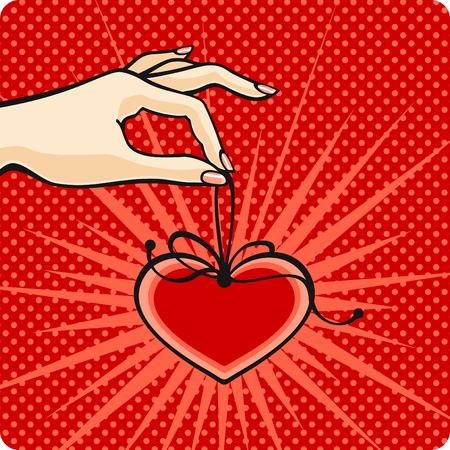 Comics style Valentine's day card with a female hand, holding a heartのイラスト素材