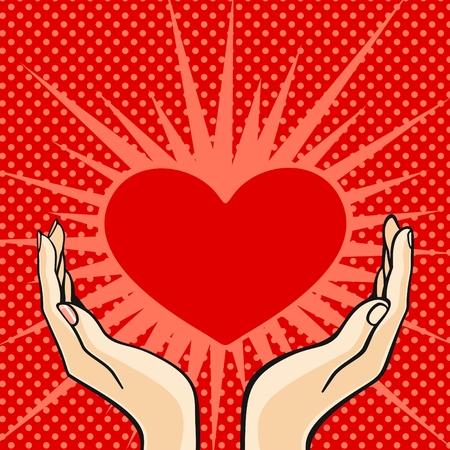 Comics style Valentine's day card with the female and male hands, holding a heartのイラスト素材