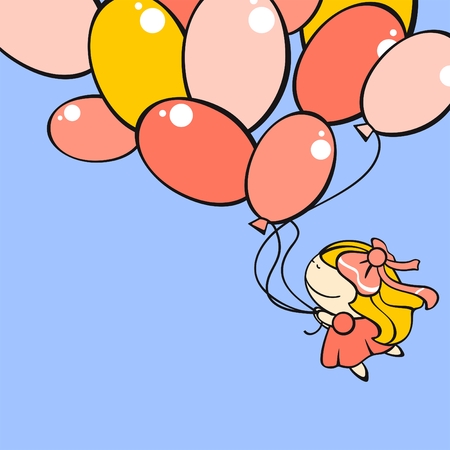 Funny card with a cute little girl flying with the balloonsのイラスト素材