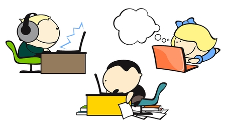 Set of images of funny kids on a white background #24, computer themeのイラスト素材