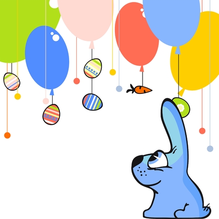 Cute easter card with a little blue bunny, eggs and balloonsのイラスト素材