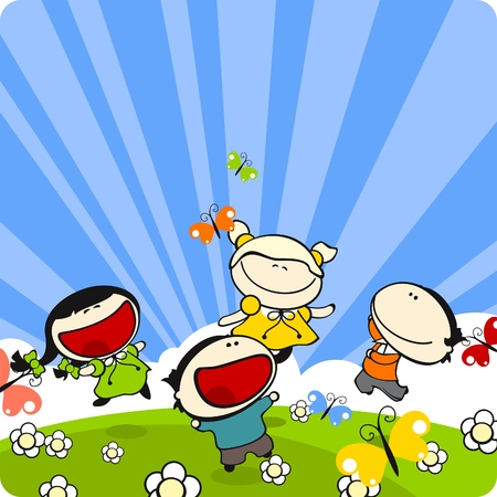 Kids playing on a grass in a sunny summer dayのイラスト素材