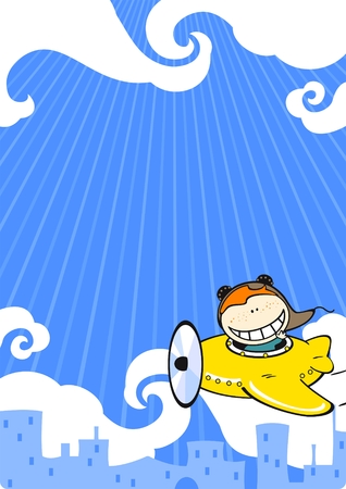 Card with a boy in a small yellow airplaneのイラスト素材