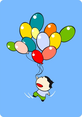 Little boy flying with a bunch of balloonsのイラスト素材