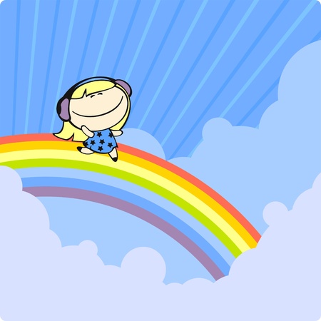 Girl running on a rainbowのイラスト素材