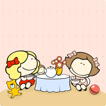 Two cute girls drinking teaのイラスト素材