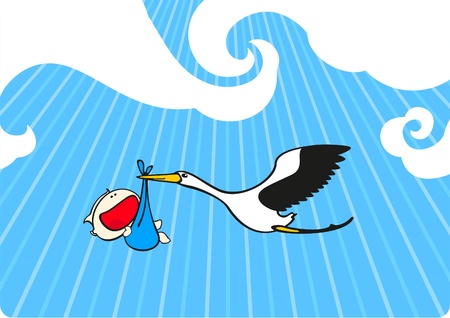 Stork flying with a baby boyのイラスト素材