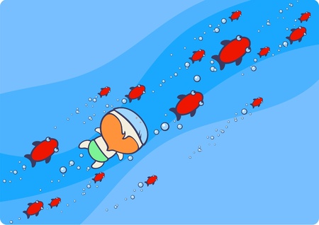 Boy swimming with fishesのイラスト素材