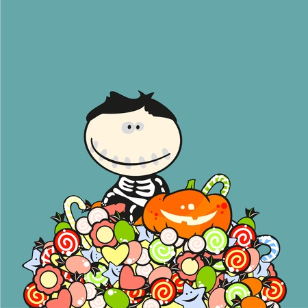Boy in a halloween costume of a skeleton sitting on a top of a sweets heapのイラスト素材